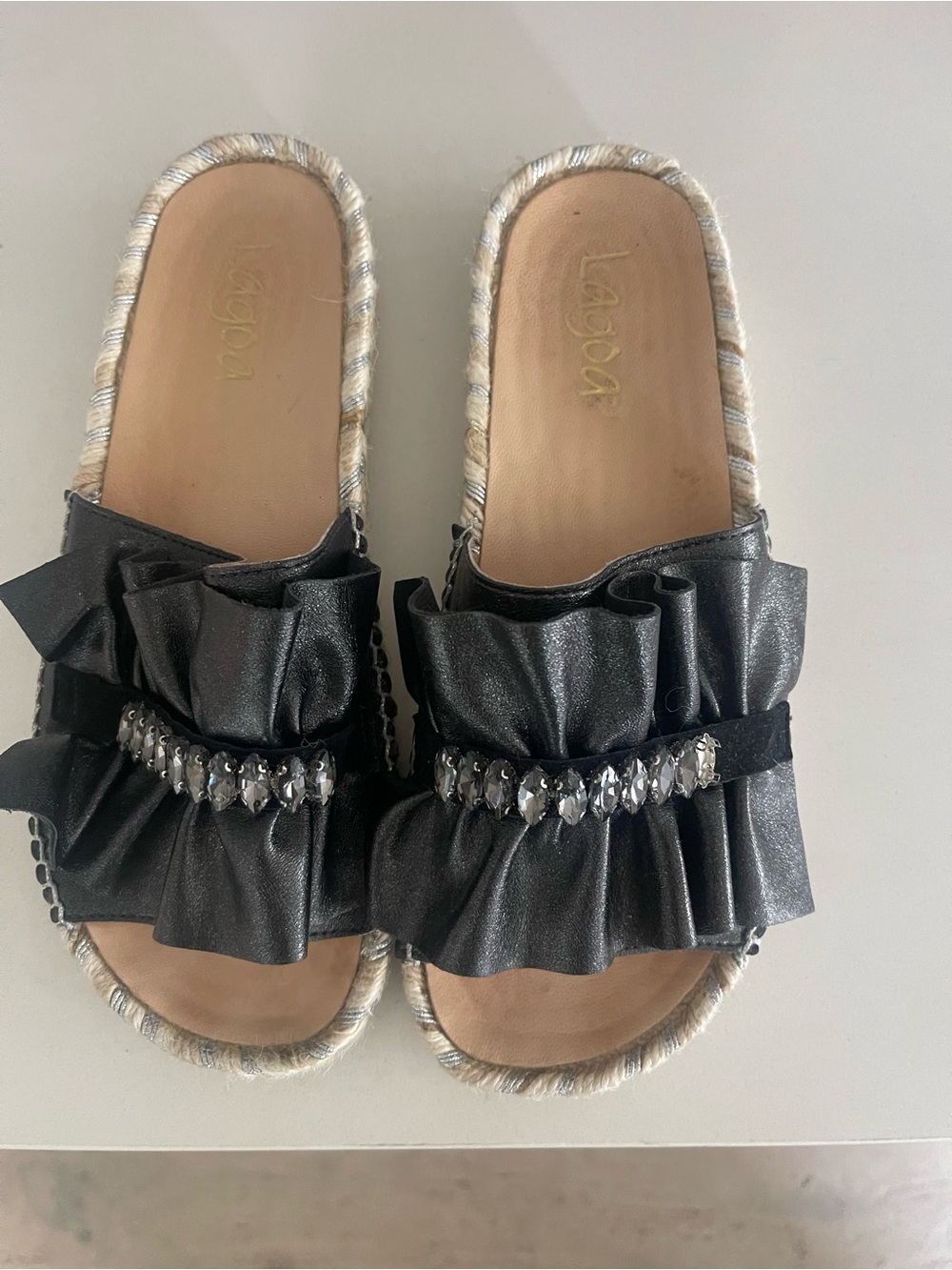 Black Ruffled Jewel-Embellished made in Italy Sandals